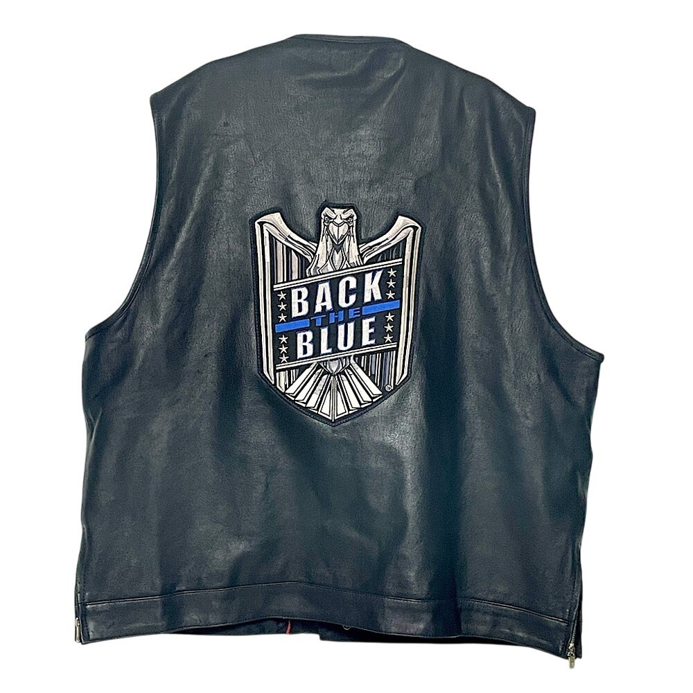 XPO Patch & Leather Embroidered Back the Blue Black Leather Vest Mens 3XL/56